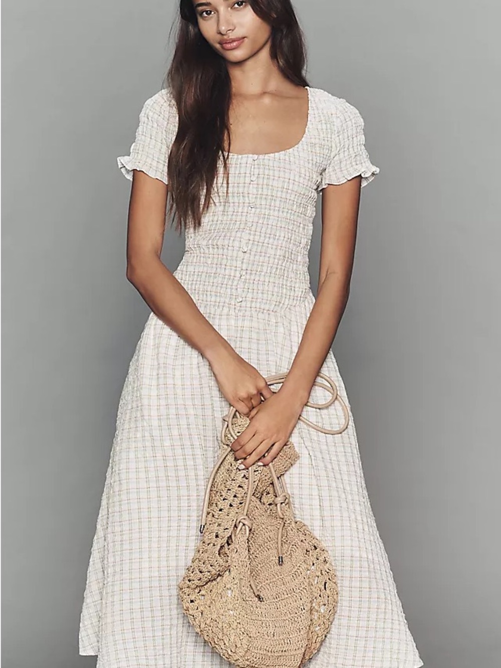 Anthropologie Plaid Smocked Cotton Midi Dress L Petite Cottagecore Boho Button